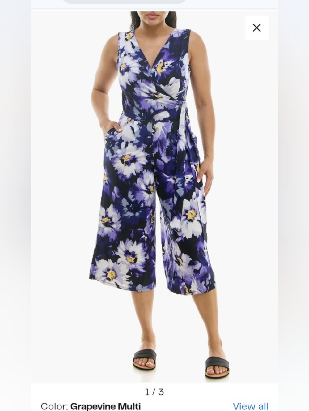 Nina Leonard Navy Floral Sleeveless Wide-Leg Jumpsuit